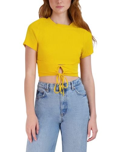 BCBGeneration Fitted Short Sleeve Keyhole Drawstring Tie Crop Top - Blue