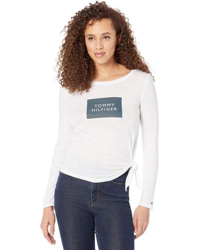 Tommy Hilfiger Womens Adaptive Logo Long Sleeve Tie T-shirt With Wide Neck Opening T Shirt - White