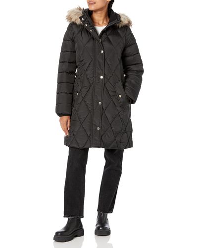 Anne Klein 3/4 Puffer With Faux Fur Hood - Black