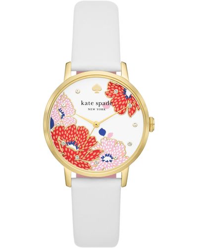 Kate Spade Metro Floral Gold And White Leather Band Watch - Pink
