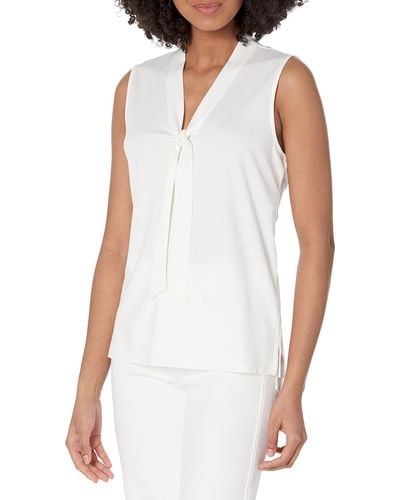 Anne Klein Harmony Knit V-neck Sleeveless Tie Blous - White