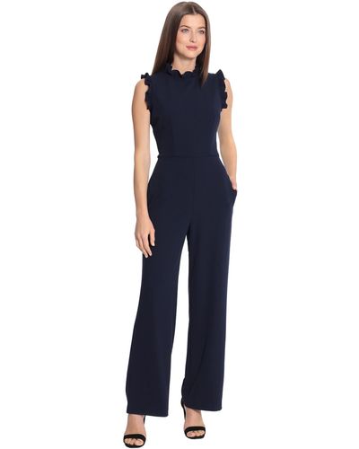 Maggy London High Neck Ruffle Detail Jumpsuit Workwear Office Occasion Event Guest Of - Blue