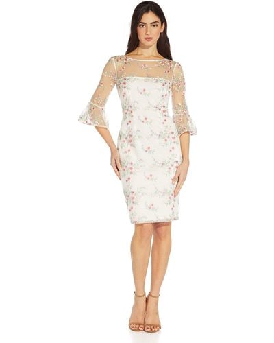 Adrianna Papell Womens Embroidered Bell Sleeve Sheath Dress - White
