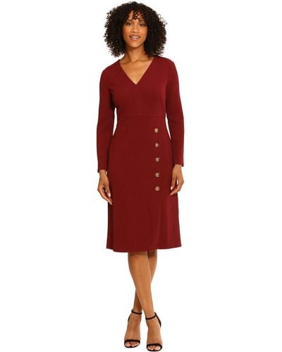 Maggy London V-neck Midi With Side Skirt Buttons Detail - Red