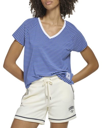 Tommy Hilfiger Striped Shirttail Hem Woven Patch T-shirt - Blue
