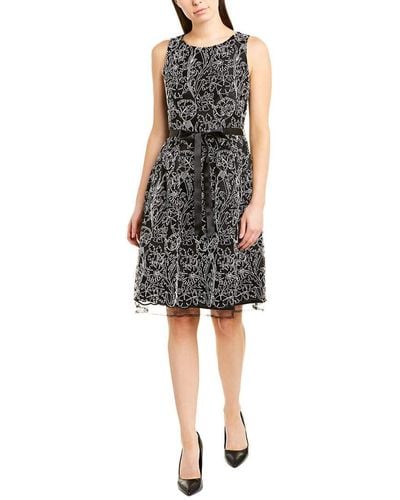 Tahari Asl Embroidered Mesh Sleeveless Fit And Flare Dress - Black