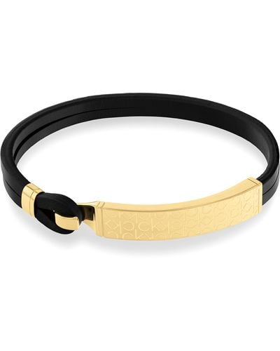 Calvin Klein Jewelry Ionic Plated Thin Gold Steel And Black Leather Bracelet