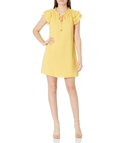 Vince Camuto Chiffon Tie Front Float With Short Ruffle Sleeve - Yellow