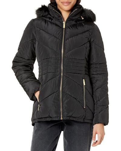 Guess Short Hooded Puffer Coat With Faux Fur Bib - Black