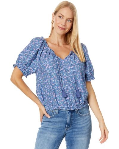 Lucky Brand Short Sleeve Printed Peasant Top - Blue