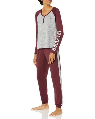 Tommy Hilfiger Womens Sleepwear Long Sleeve Henley & Jogger Pajama Set - Red
