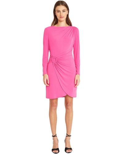 Donna Morgan Long Sleeve Ruching And Wrap Dress Look With Circle Trim - Pink