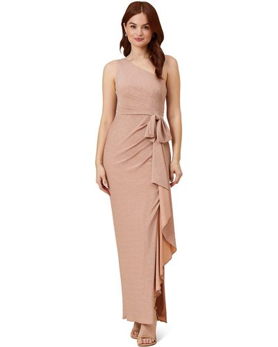Adrianna Papell Long Stretch Metallic Knit One Shoulder Cascade Side Draped Gown - Natural