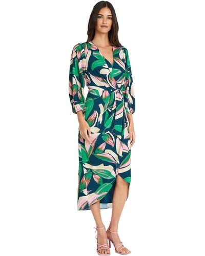 Maggy London S Long Sleeve V-neck Faux Wrap Crepe Event Party Occasion Guest Of Dress - Green