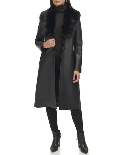 Kenneth Cole Knee Length Faux Leather Belted Moto Jacket With Fur Collar - Black
