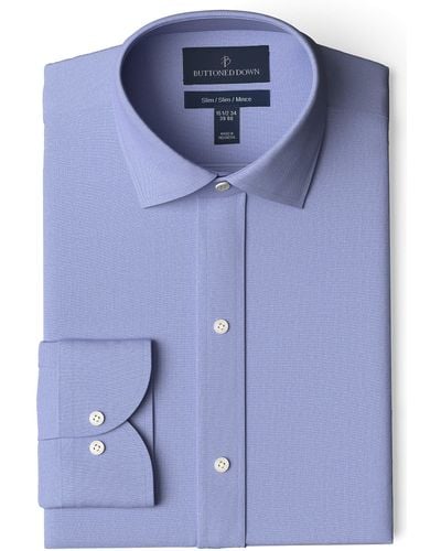 Buttoned Down Slim-fit Spread Collar Pinpoint Dress Shirt - Blue