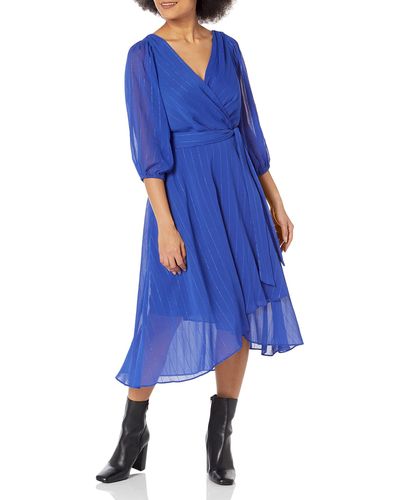DKNY Pleated Faux Wrap Dress - Blue