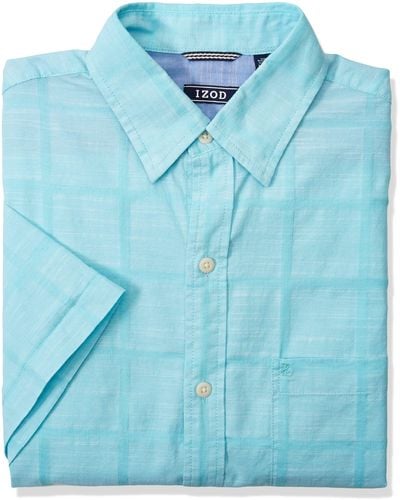 Izod Tall Saltwater Short Sleeve Windowpane Button Down Shirt - Blue