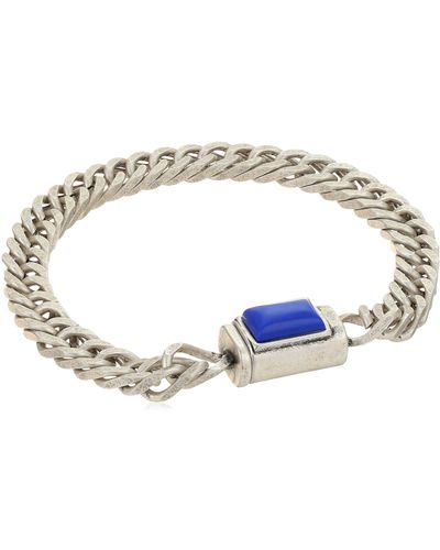 Steve Madden Blue Simulated Lapis Rectangle Design Curb Chain Bracelet In Stainless Steel