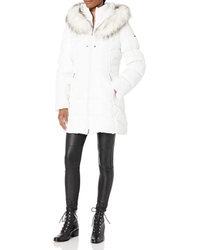 Laundry by Shelli Segal 3/4 Hooded Puffer Jacket With Faux Fur Trim - White