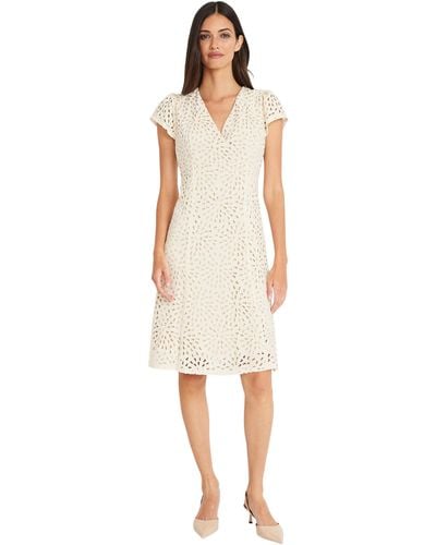 Maggy London V-neck Floral Laser Cut Fit And Flare Knee Length Dress For - White