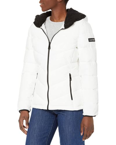 Calvin Klein Quilted Down Jacket With Removable Faux Fur Trimmed Hood - Red