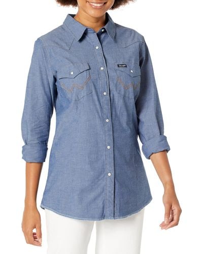 Wrangler Womens Long Sleeve Western Snap Work Shirt Blouse - Blue
