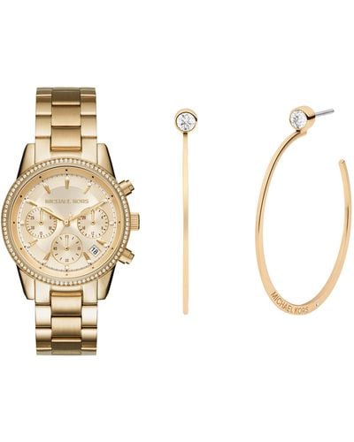 Michael Kors Ritz Gold-tone Watch Mk6356 Fashion Gold-tone Stainless Steel Hoop Earring - Metallic