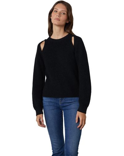 Velvet By Graham & Spencer Diane Engineered Stitches Cut-out Crewneck Sweater - Black