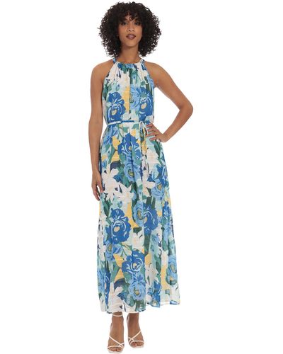 Maggy London Petite Floral Halter Neck Maxi With Waist Spaghetti Tie - Blue