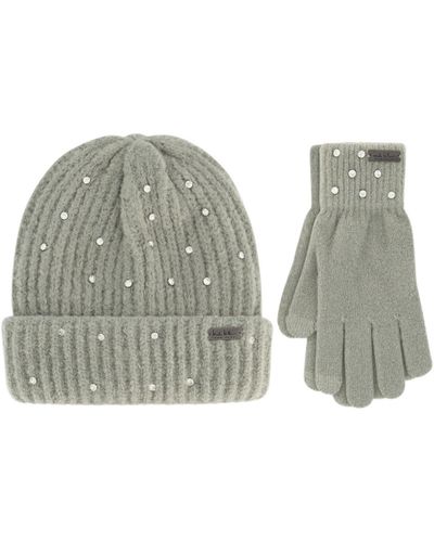 Nicole Miller Rhinestone Winter Beanie Hats Soft & Warm Gloves Set - Gray