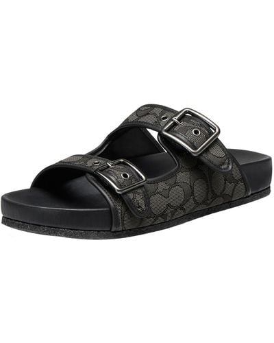 COACH Signature And Leather Buckle Strap Sandal - Black