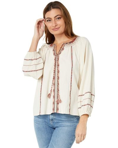 Lucky Brand Long Sleeve Embroidered Peasant Blouse - White