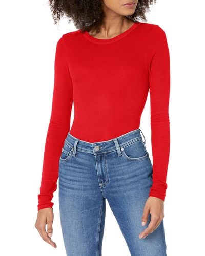 Enza Costa Womens Rib Fitted Long Sleeve Crew Neck Top T Shirt - Red