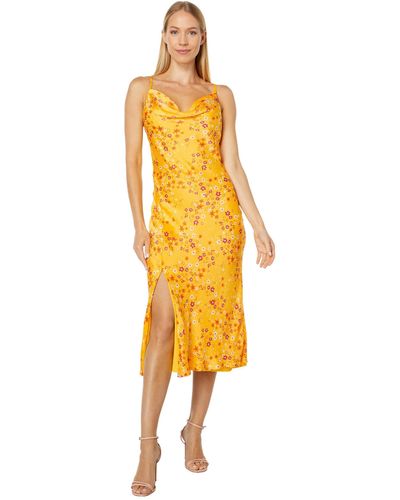 BCBGeneration Fit And Flare Cowl Neck Spaghetti Strap Front Slit Midi Dress - Yellow