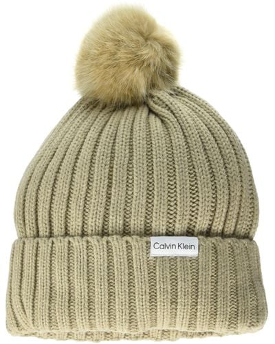 Calvin Klein Warm Fleece Lined Faux Fur Pom Hat - Green