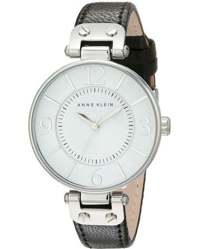 Anne Klein 109169wtbk Silver-tone And Black Leather Strap Watch - Gray