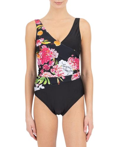 Kensie Standard Wrap Surplice One Piece Swimsuit - Black