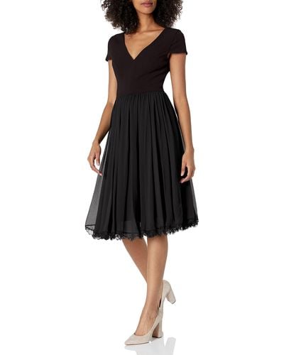 Dress the Population S Corey Cap Sleeve Plunge Neck Fit And Flare Knee Length Dress - Black