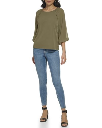 Calvin Klein Loose Fitted Matte Jersey Mixed Media Lantern Sleeve Blouse - Blue