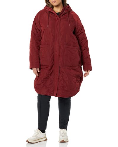 Amazon Essentials Water Repellent Mid-length Quilted Hooded Coat - Red