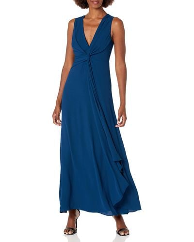 BCBGMAXAZRIA Floor Length Evening Gown With Plunging Neckline - Blue