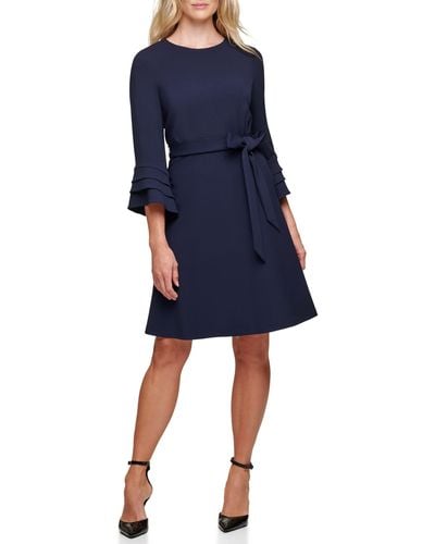 DKNY Womens L/s Triple Ruffle Sleeve Fit And Flare Dress - Blue