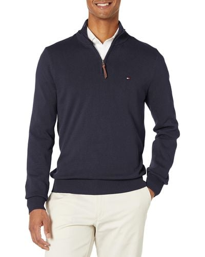 Tommy Hilfiger Mens Long Sleeve Cotton Quarter Zip Pullover Sweater - Blue