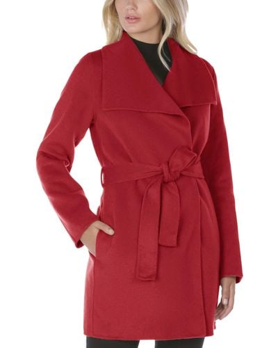 Tahari Lightweight Wool Wrap Coat With Tie Belt - Red