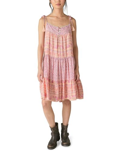 Lucky Brand Mixed Print Tie Sleeve Tiered Dress - Pink