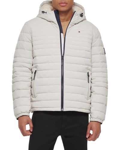 Tommy Hilfiger Stretch Poly Hooded Packable Jacket With Sherpa Lining - Gray
