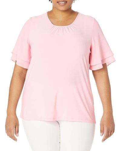 Kasper Plus Size Solid Ity W/GGT Bell Sleeve Top - Pink