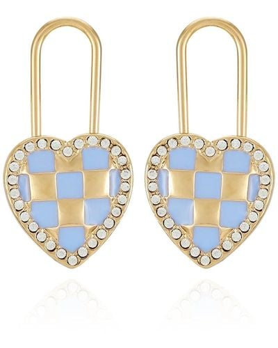 Juicy Couture Goldtone And Pink Checkered Heart Lock Post Drop Earrings - Multicolor