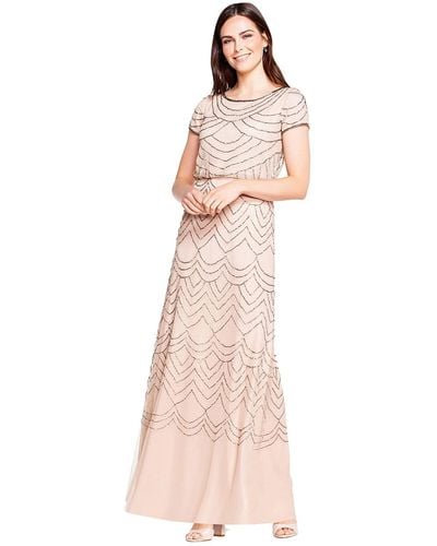 Adrianna Papell Short Sleeve Blouson Beaded Gown - Pink